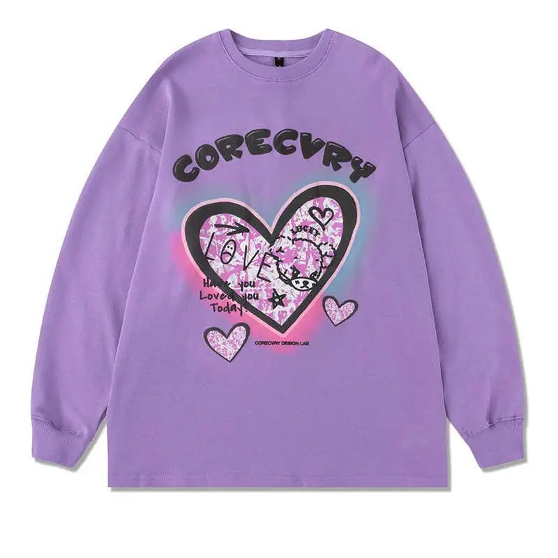 

Korean Fashion Loose Thick Pullover Purple Heart-shape Letter Print Sweatshirts Women Autumn Oversized Graphic Hoodie