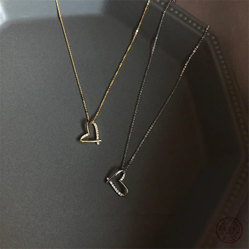 

925 Sterling Silver Simple Line Heart Pendant 14k Gold Plating Clavicle Chain Necklace For Women Fashion Girlfriend Jewelry Gift