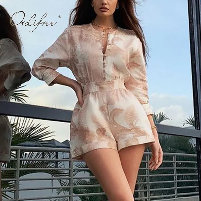 

Ordifree 2021 Summer Women Print Playsuit Jumpsuit Rompers Single Breasted Overalls Tunic Casual Playsuit