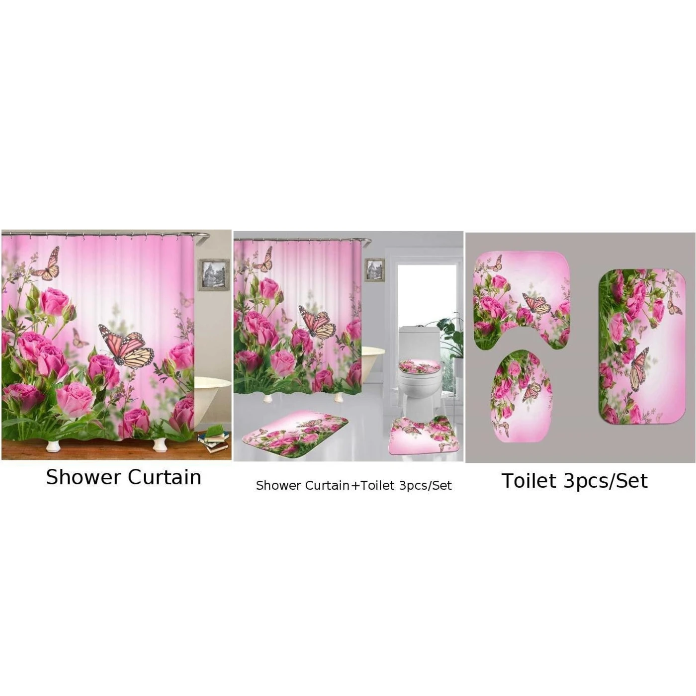 

Pink Rose Butterfly Print Shower Curtain Bath Mat Toilet Lid Cover Bathroom Set Household Bathroom Supplies
