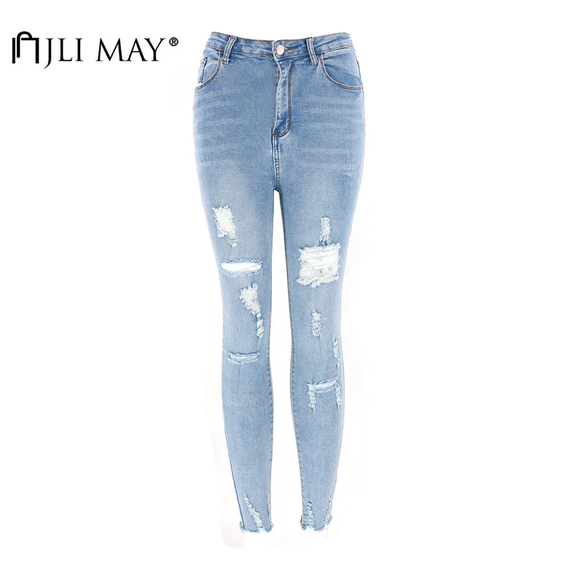 

JLI MAY Women's Jeans Denim Slim Thin Elastic High Waist Bleached Hole Skinny Full Length Pencil Jean Streetwear