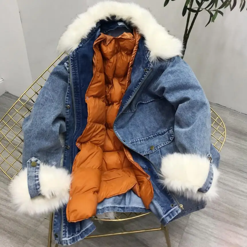 Парка с лисьим мехом зимняя джинсовая ветровка куртка хлопковой подкладкой