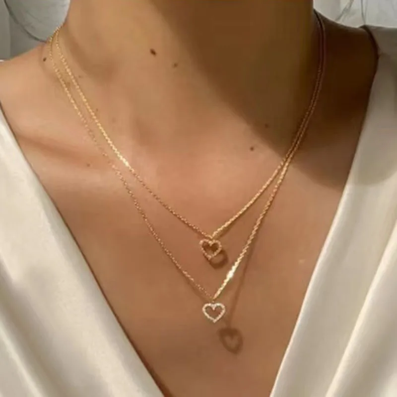 

HMES Multilayer Pendant Love Hollow Zircon Necklace Ladies Simple Jewelry Necklace Gift Party