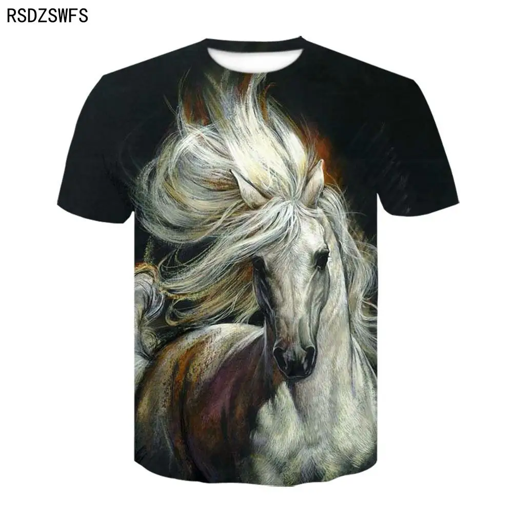 Летняя новая футболка с круглым вырезом лошадью модная 3D-принтом одежда