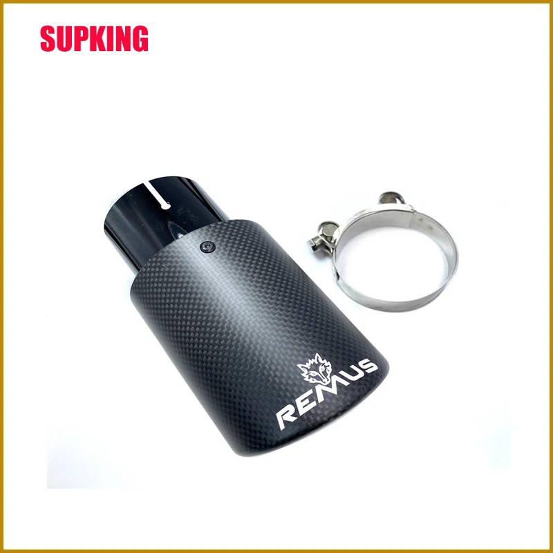 

1PC Car Exhaust Pipe Rolled Flange Matt Carbon Fiber Tail End Tip Black Stainless Steel Muffler Pipe With Remus Logo