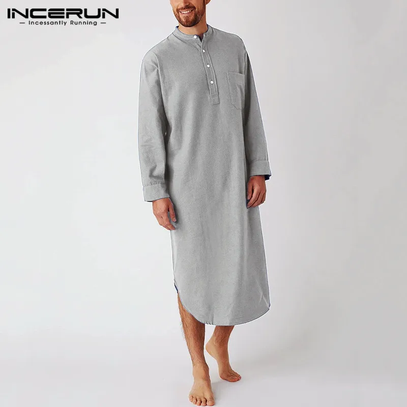 2022 Men's Sleep Robes Solid Color Cotton Long Sleeve Comfort Leisure Homewear O Neck Nightgown Mens Bathrobes INCERUN S-5XL 7