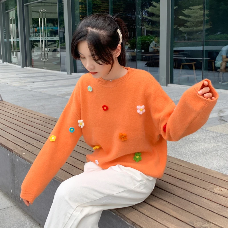 Orange KINOMI, осенне-зимний свитер с длинным рукавом для женщин, круглый вырез, корейский стиль, повседневные женские зимние свитера, пуловеры для женщин - Цвет: Orange