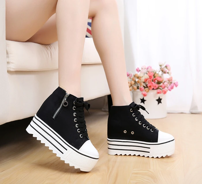 

New Invisible Inside Increase 10cm Black Canvas Shoes Sponge Cake Platform Shoes Casual Shoes White High-top Shoes