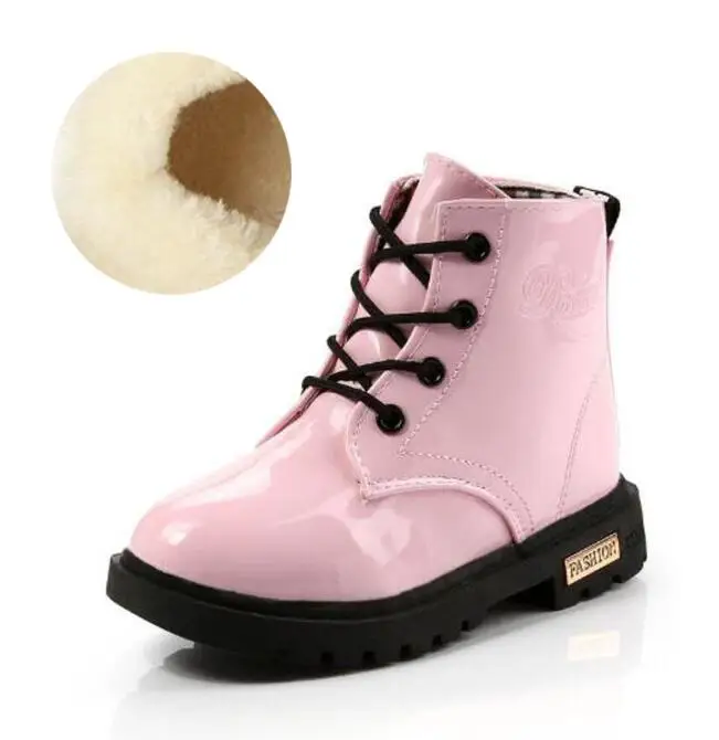 Pink-plush Новое поступление; детские зимние ботинки из искусственной кожи; водонепроницаемые ботинки martin; нескользящие теплые плюшевые зимние ботинки для мальчиков и девочек - Цвет: Pink-plush