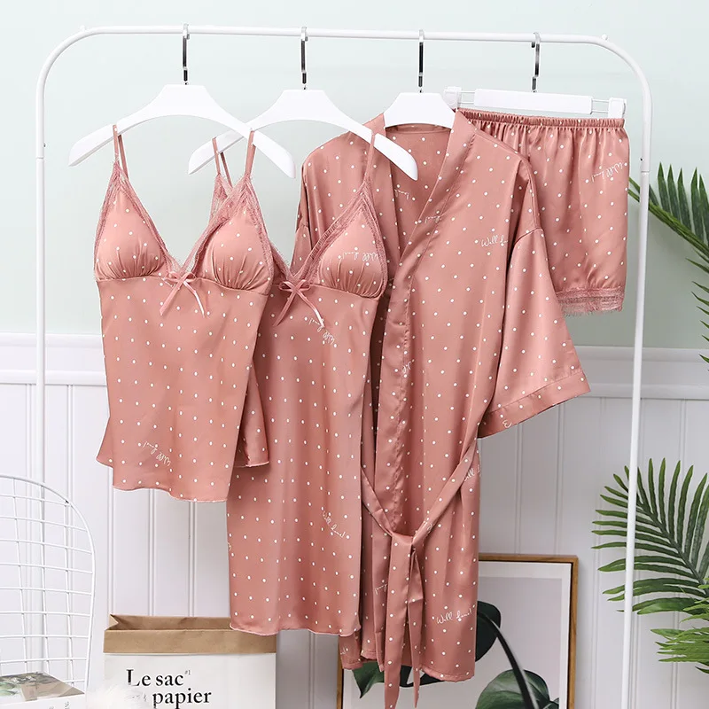

Women Polka Dot Printed 4Pcs Lace Trim Nightwear V-Neck Pajamas Suit Homewear Spring Lady Sleepwear Robe Gown Lounge Negligee