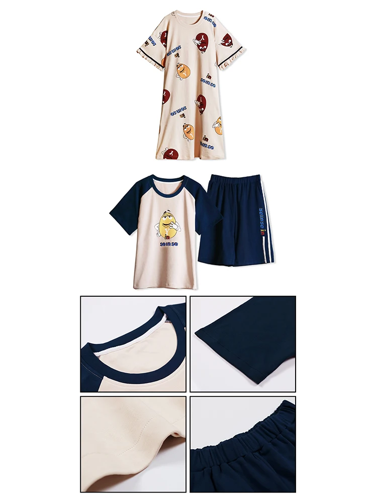 

Loose Style Pyjamas Sets Chocolate Bean Pattern Sleepwear Cartoon Couple Pijamas Lotus Leaf Sleeve Nightgown Men Loungewear