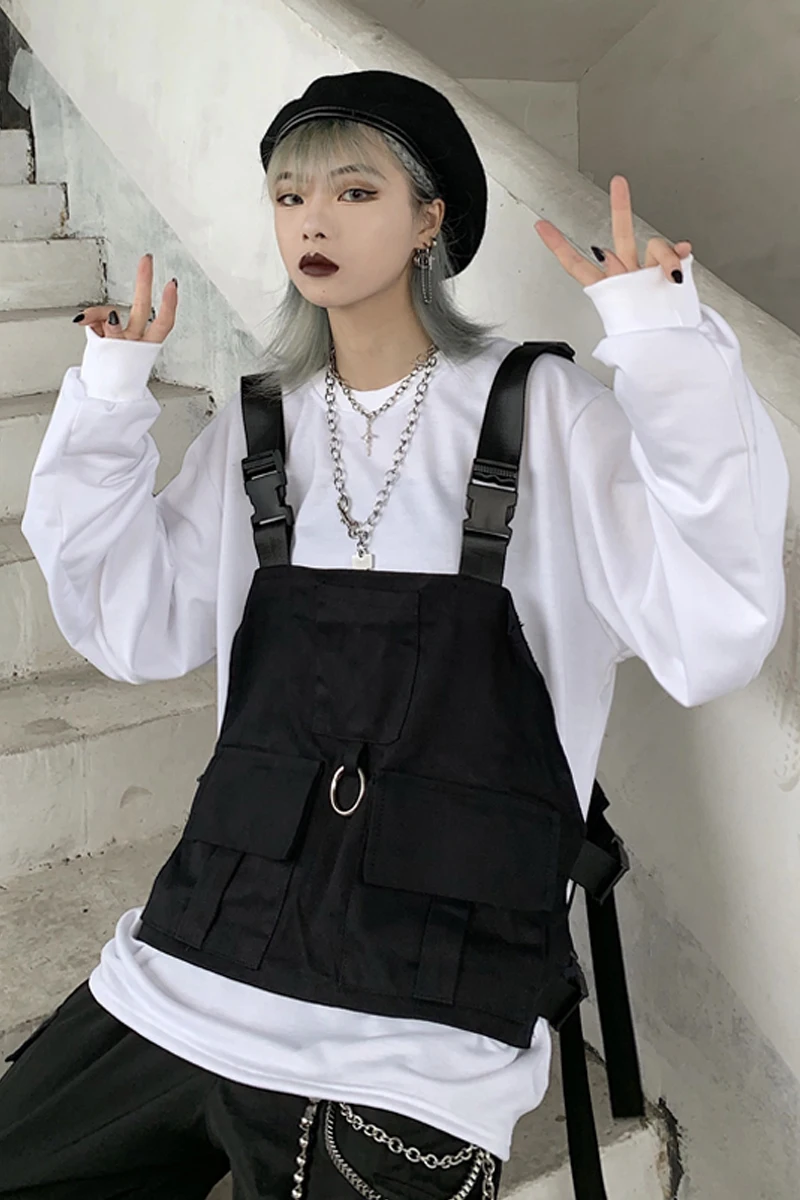 Harajuku стиль жилет Мужская Женская безрукавка уличная Регулируемая мода талии пальто карманы, набедренный хоп тактические куртки черный