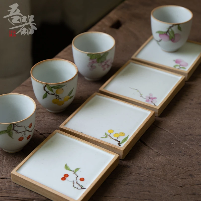 Керамический коврик для чайной чашки с ручной росписью небольшой цветочный и