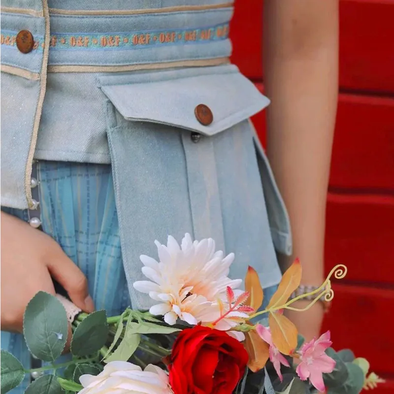 

XUXI 2021 Summer Women Cowboy Half-length Skirt Fashion Draw Back Thin Denim Embroidery Net Yarn Skirt E1230