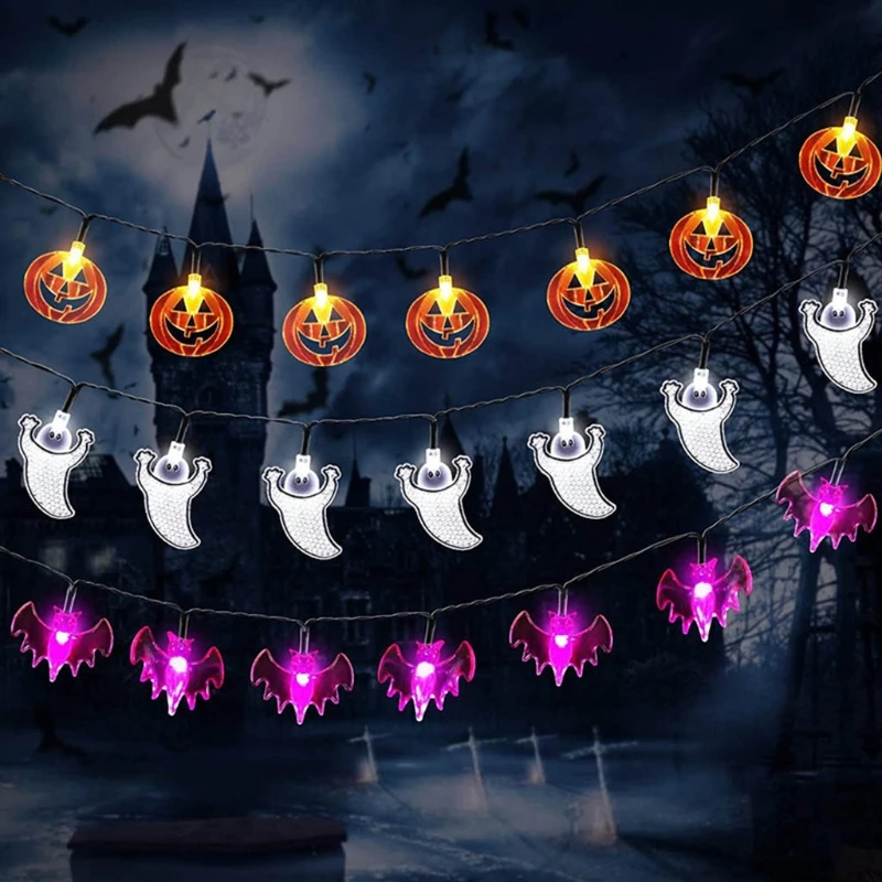3Pcs Halloween LED Fairy String Lights Cartoon Pumpkin Ghost Bat Spider Battery Operated Remote Control Hanging Lamp | Дом и сад