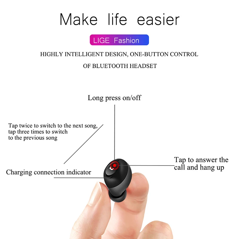 LIGE 2019 New Bluetooth Earphone 5.0 Stereo Wireless Headphones Touch Control IPX7 Waterproof Earphones Dual microphone | Электроника