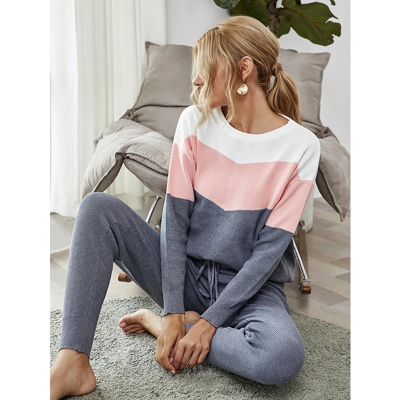 

Autumn Winter Casual Tops Long Sleeve Shirts Two Piece Set Knit Wear Sweater Women Pullover Sweaters Pencil Pants Panelled Top