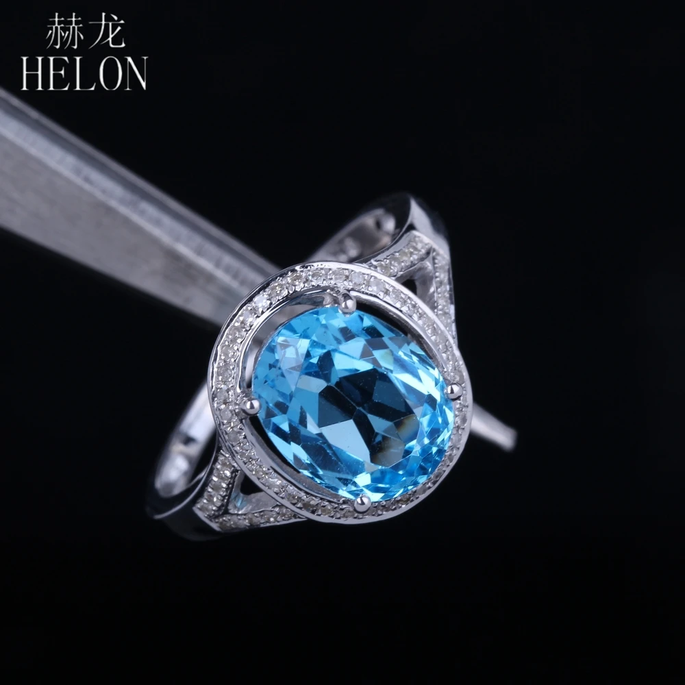 

HELON Solid 10K White Gold Flawless Oval 10x8mm 100% Genuine Natural Blue Topaz Real Diamonds Halo Fine Engagement Wedding Ring