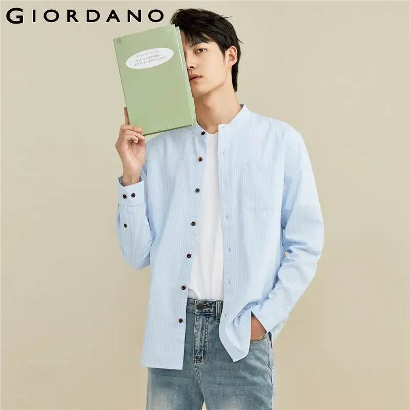 

Giordano Men Shirts Oxford Stand Collar Long Sleeve Shirt Single Patch Pocket Casual Oxford Shirts 13041050