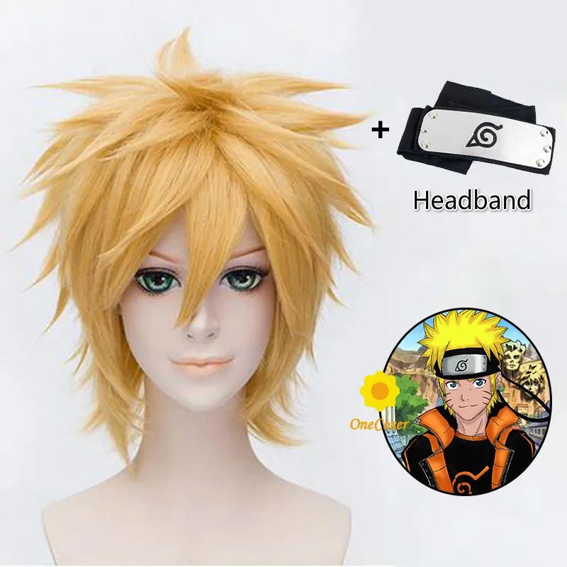 

Anime Uzumaki Cosplay Short Yellow Wig Layered Heat Resistant Hair + Wig Cap+Headband Halloween Party Role Play Prop