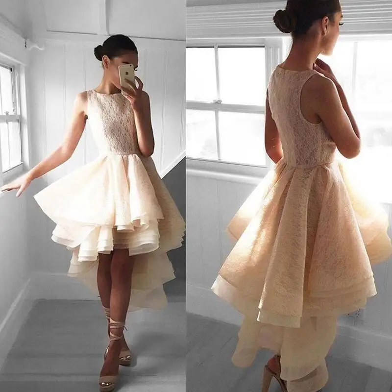 

Champagne Full Lace Short Homecoming Dress Modest Sleeveless Prom Party Gown Puffy Skirt robes de soirée vestidos de fiesta 2022