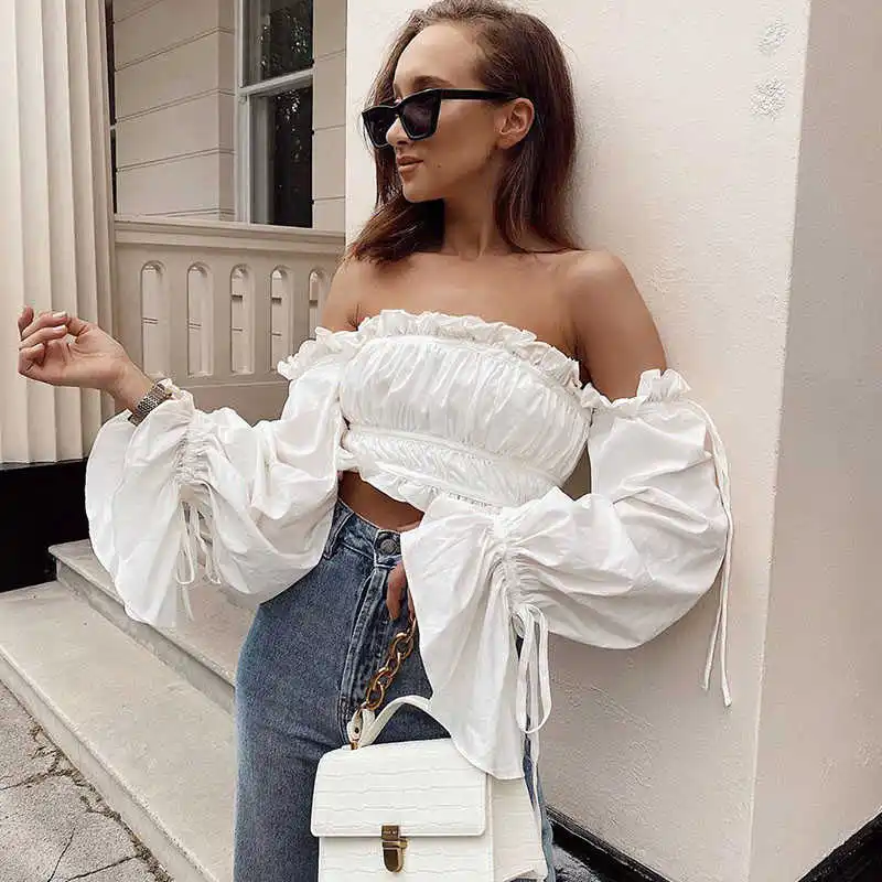 

Top Women Long Sleeve Ruffle White Elegant Party