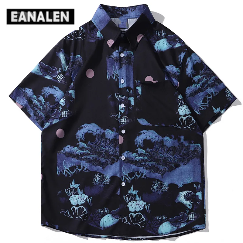 

Летняя мужская рубашка на пуговицах в стиле Харадзюку, модная Корейская одежда, модная Готическая гавайская рубашка с демоном и аниме, винт...