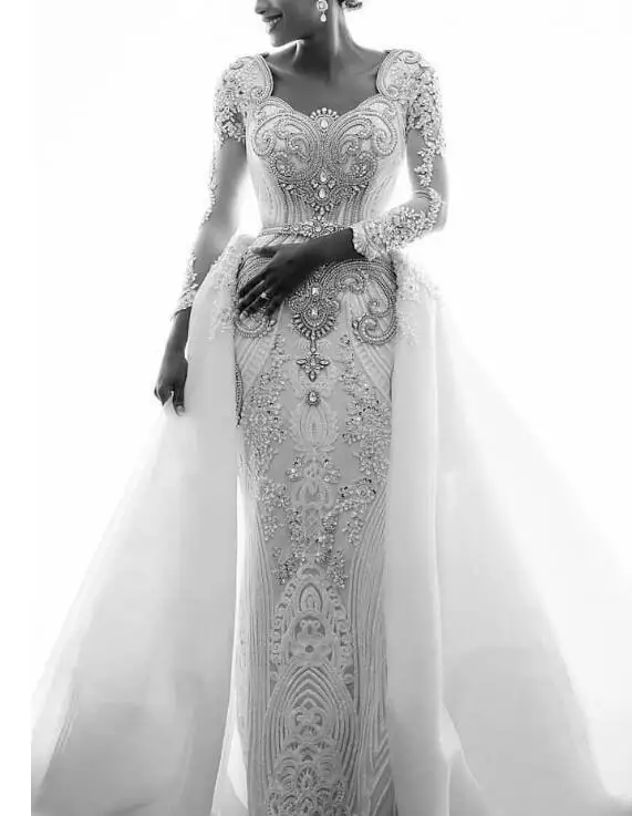 

Real Sample Beading African Lace Wedding Dresses Crystals Luxury Long Sleeves Detachable Train Bridal Gowns