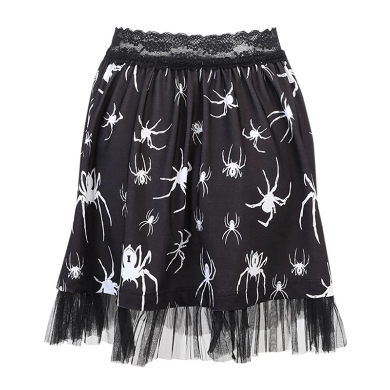 

Women Gothic Punk Spider Print Black Mini Pleated Skirt Elastic Lace High Waist Mesh Patchwork Ruffles Hem Harajuku Loose Party