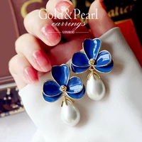 fashion big clover white or royal blue flower long waterdrop pearl earrings women party jewelry gold color holiday accessories