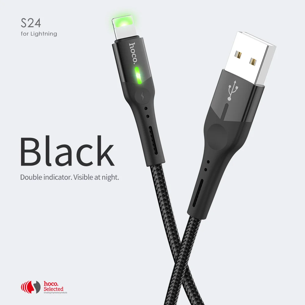 Черный HOCO двойной индикатор светильник для зарядки данных USB кабель для L ightning i Phone 11 Pro X XS XR i Pad 2.4A OTG быстрое зарядное устройство провод Syn - Цвет: Черный
