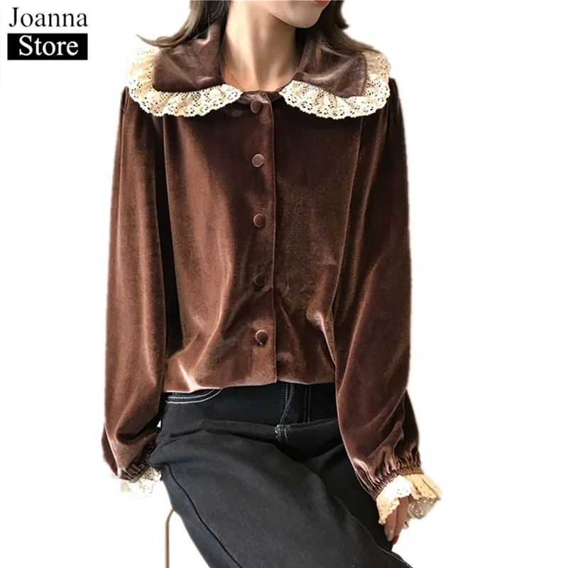 Spring New Velvet Lace Stitching Short Shirts Women Lantern Sleeve Single-Breasted Doll Collar Vintage Blouses Plus Size Clothes