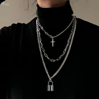 aomu 2020 fashion trendy multilayer hip hop long chain necklace for women men jewelry gifts lock pendant necklace accessories