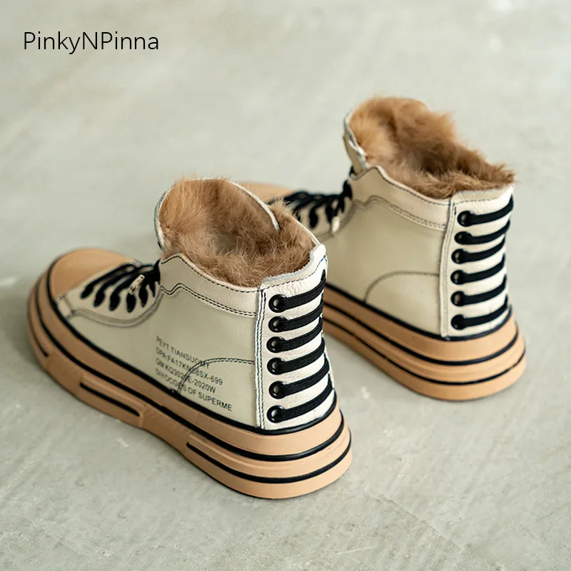 

young ladies trendy vulcanized shoes genuine leather cowhide platform rabbit fur plush lining warm high top punk women sneakers