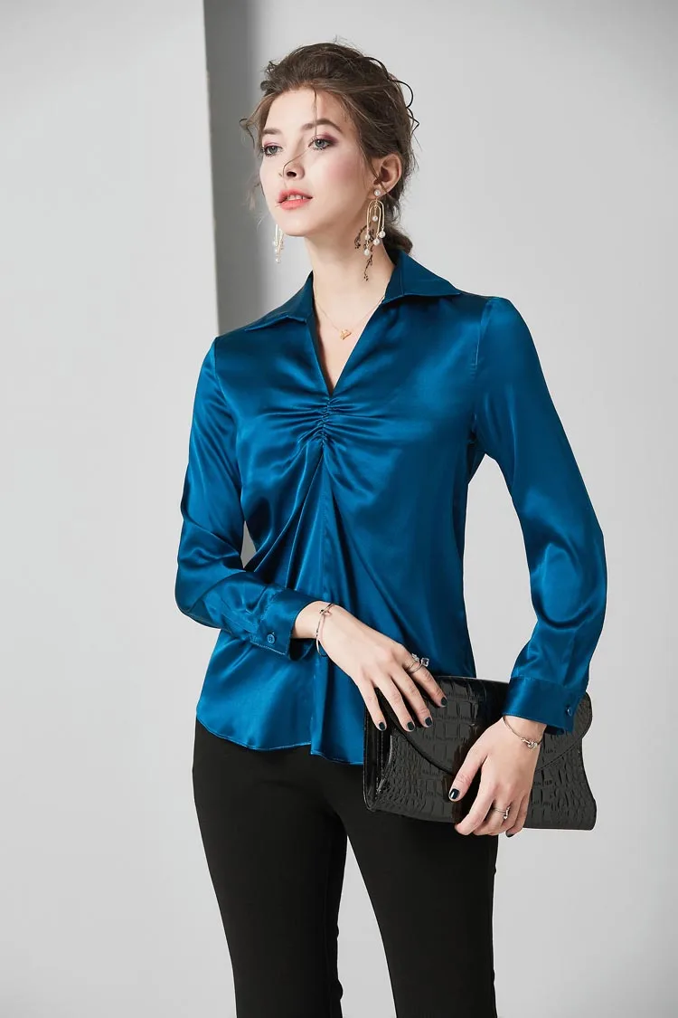 Шелковые женские рубашки с отложным воротником и длинными рукавами, модная Элегантная блузка Футболка - Цвет: Синий