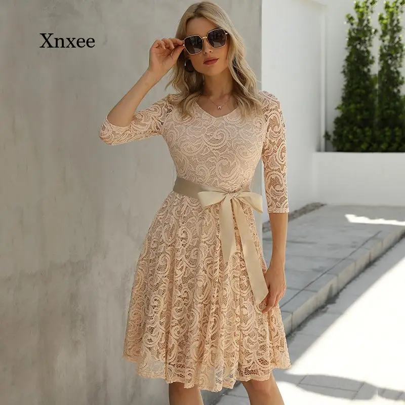 

Lace Dress Bow Lady Dresses Spring Autumn Winter Women Party Club Elegant Half Sleeve Robe Femme Bodycon Clothing Outfits