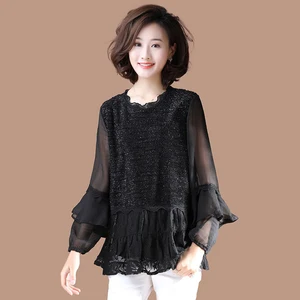 Женские весенне-осенние стильные свободные кружевные женские блузки рубашки, повседневные сетчатые лоскутные блузки с длинным рукавом и круглым вырезом, DF3050
