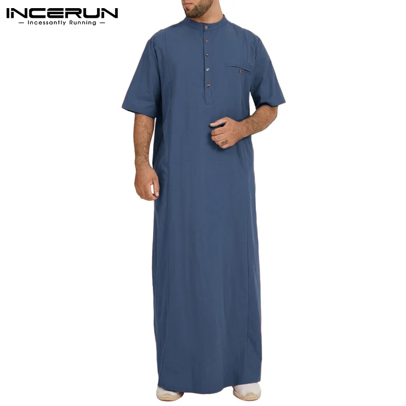 

INCERUN Men Muslim Kaftan Islamic Arabic Jubba Thobe Solid Cotton Stand Collar Short Sleeve Robes 2021 Middle East Caftan S-5XL