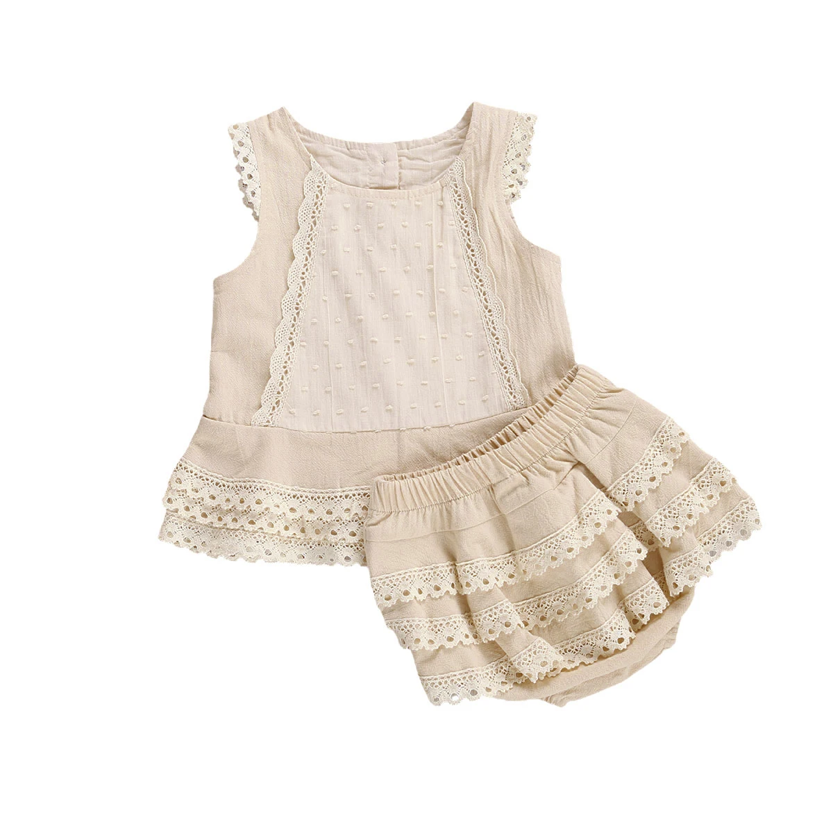 

Cute Baby Girls Clothes Summer Suit O-Neck Sleeveless Lace Vest Top with Layered Hem +Tiered Skirt Panty Outfit for Toddler Girl