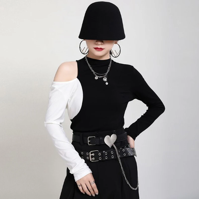 

Cultiseed Women Color Patchwork Basic Knitted Sweaters Tops Female Autumn New Sexy Off One Shoulder Long Sleeve Slim Sweaters