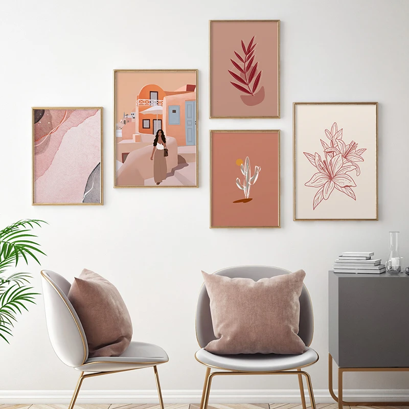 

Canvas Painting Boho Abstract Trendy Girl Poster Pink Texture Print Floral Cactus Wall Art Pictures Living Room Home Decoration