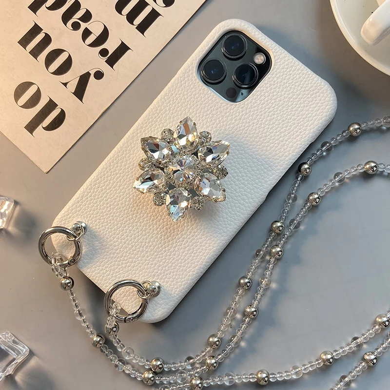 

Luxury Bling Diamond Flower Stand Holder Crystal Long Chain Leather Case Cover For Iphone 12 Mini 11 Pro XS Max XR X 8 7 Plus SE