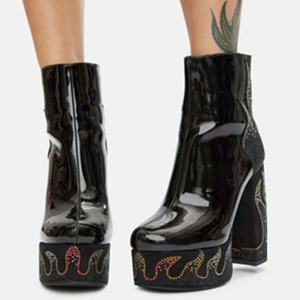 

BONJOMARISA Top Quality Round Toe Platform Block Heels Zipper Trendy Gothic Flame Black Ankle Boots Women Autumn Casual Shoes