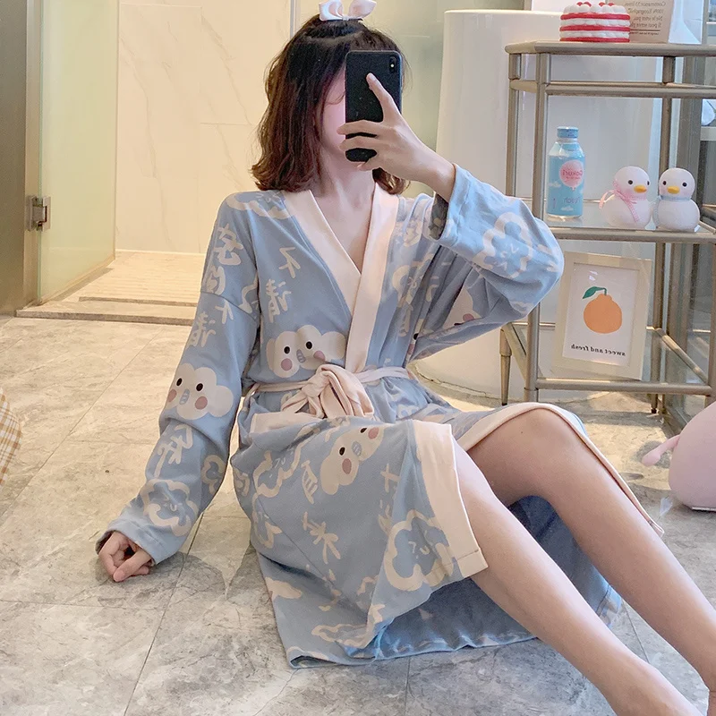 

Women's Nightgown Spring and Autumn Pajamas Cotton Long Sleeve Cute Light Blue 2021 New Bathrobe Student Winter Home Wear