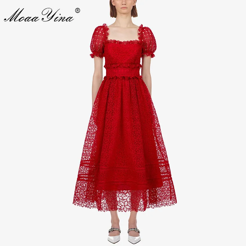 Женское кружевное платье в горошек MoaaYina красное вечернее средней длины с