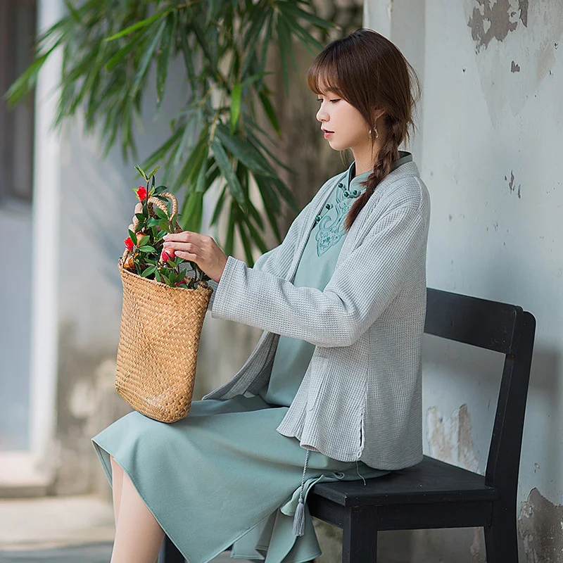 Женское трикотажное хлопковое пальто с длинным рукавом и открытым воротником |