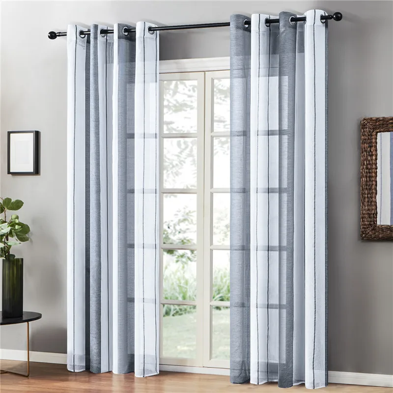 Прозрачные шторы коричневого цвета хаки в полоску из вуали для кухни спальни