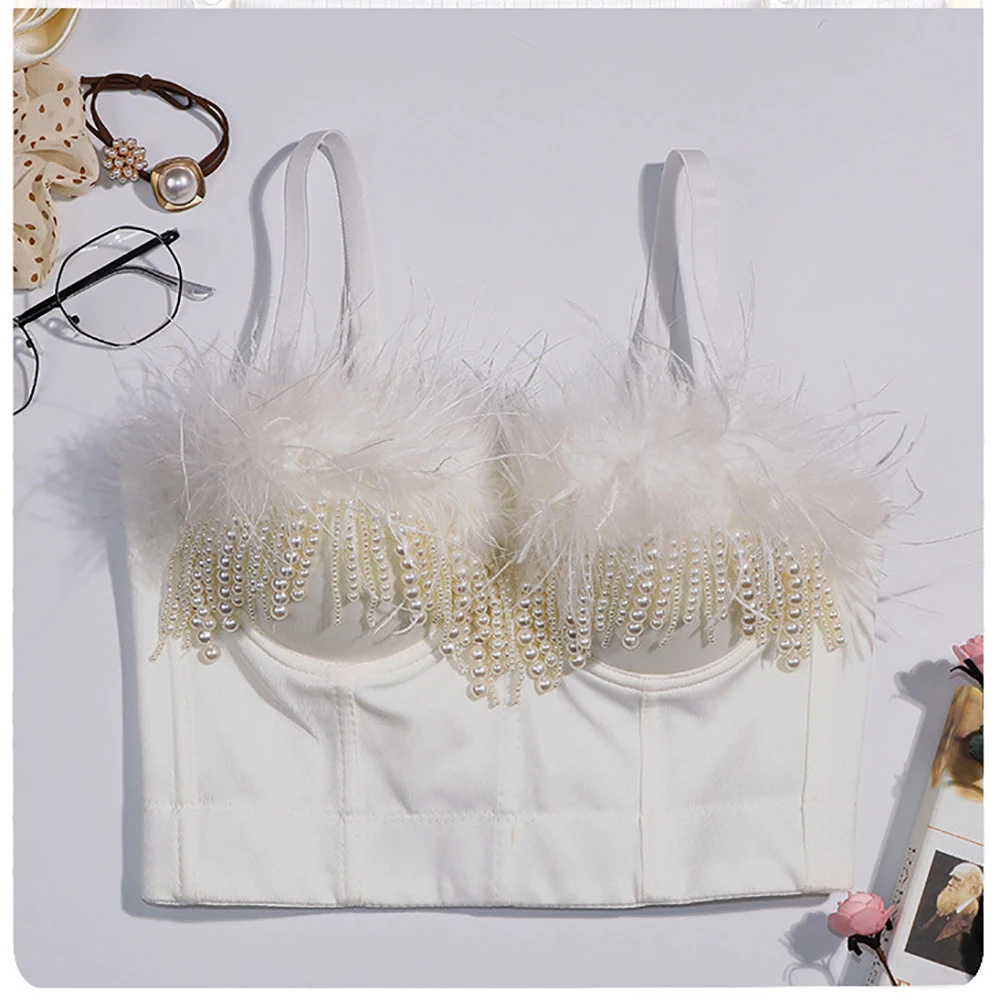 

Fashion Feather Pearl Tassel Mini Camis Summer Cropped Tops Women Casual Sleeveless Sexy Slim Off Shoulder Short Tank Top