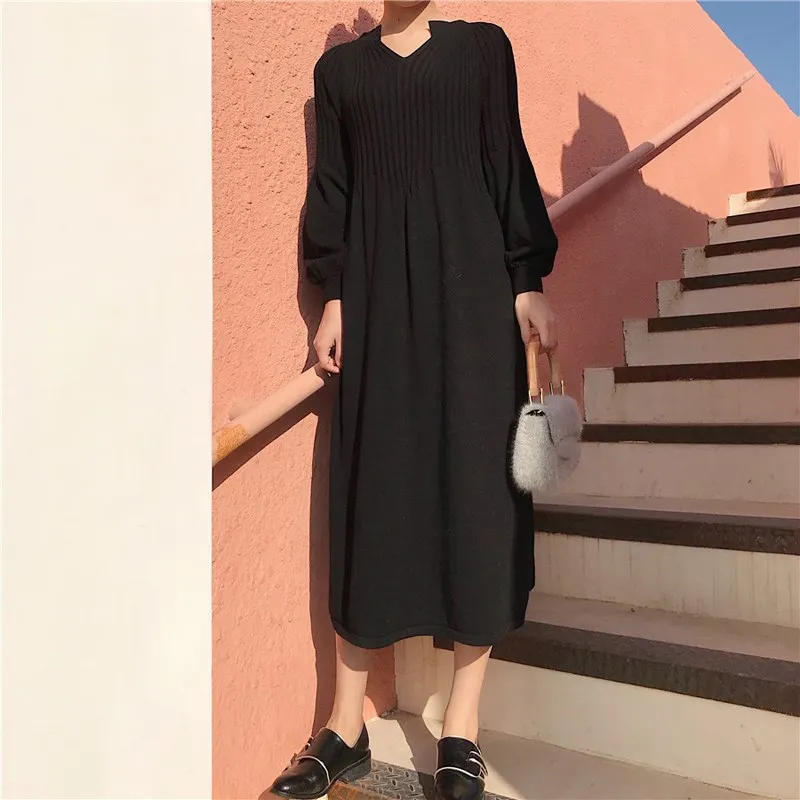 Осеннее шикарный вязаный Ретро платье с v образным вырезом и длинными рукавами