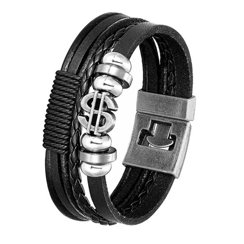 

Vintage Multi-Layer Leather Punk Bracelet Men's Women's Dollar Money Symbol Charm Bracelet